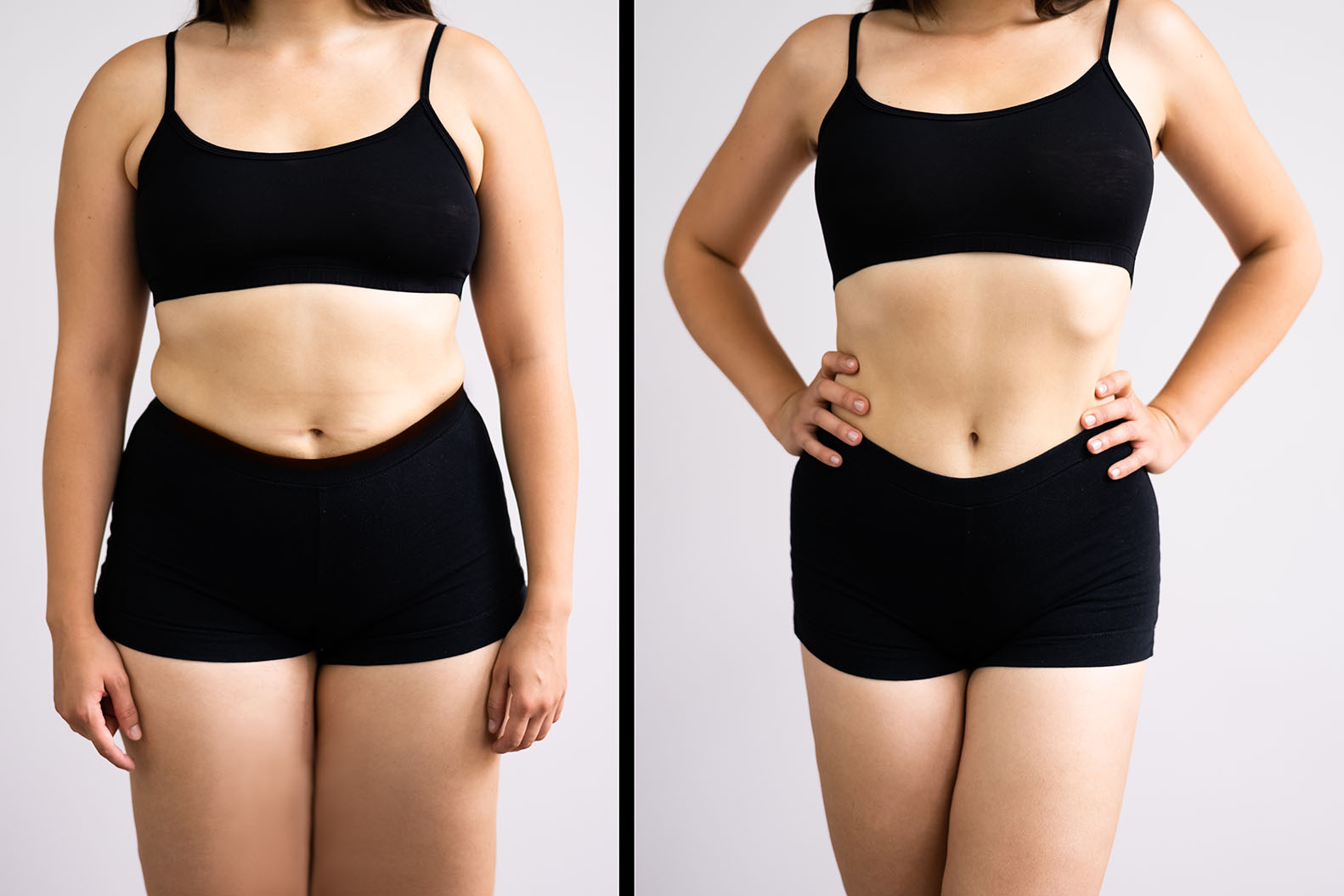 Left and right images show a woman in black clothing standing against a plain background with visible differences in waist shape and midsection contour.