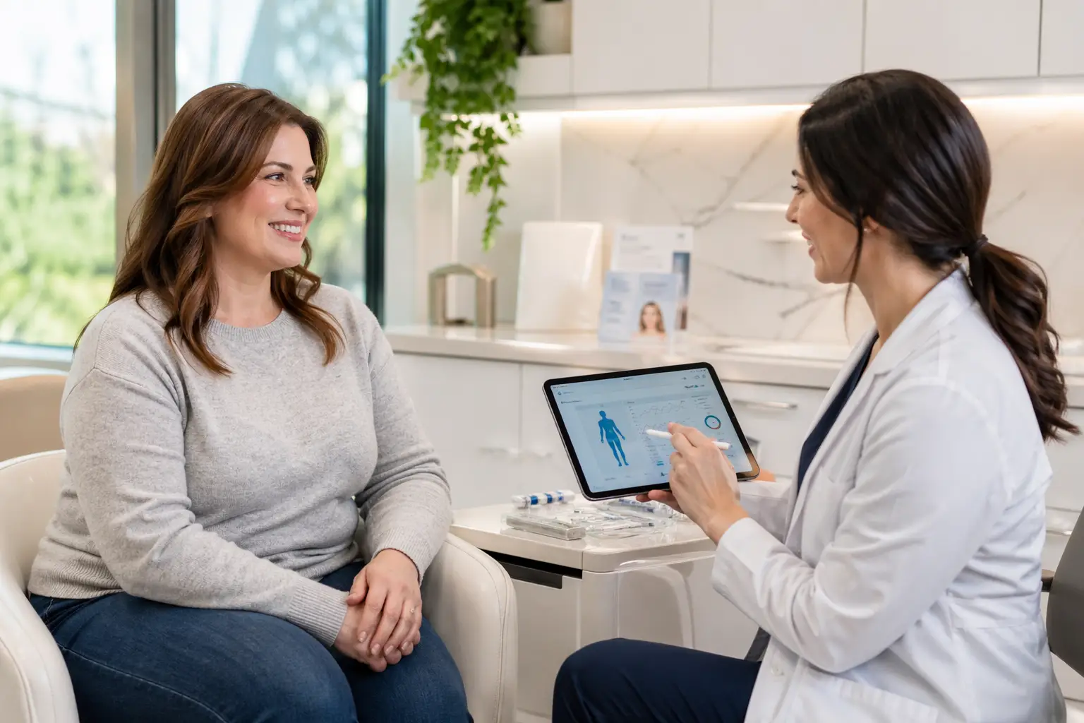 Patient and clinician discussing treatment plan using tablet